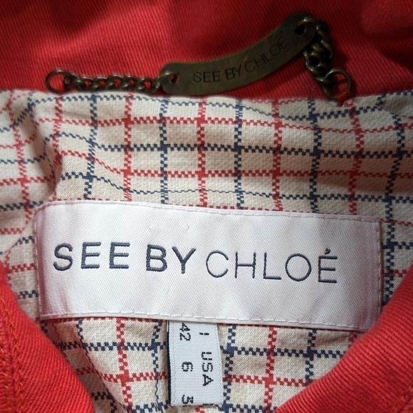 See By Chloe red belted collared cotton button closure trench coat jacket 6 - Picture 13 of 14